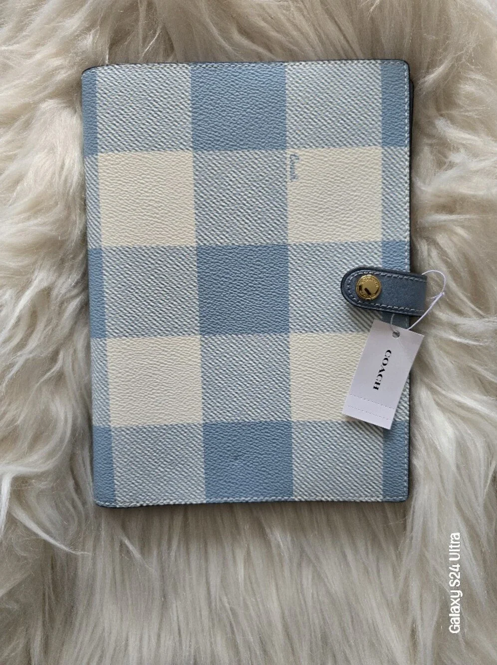 Coach Blue Gingham and White Plaid Leather Notebook Cover NEW with Snap